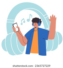 Loud music DJ young teen listening to music with earphone enjoy play audio from smartphone flat colorful illustration 