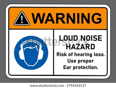 Loud Noise Hazard Warning Sign (1.4 : 1): Risk of Hearing Loss, Use Proper Ear Protection PPE Vector Illustration for print. Can be Used in Industrial Site, Factory, Mill etc Place. Warning Sign for Employee Safety.