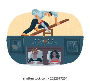 Loud Noisy Neighbour Doing Construction Work And Unhappy Couple In Bed. Problems In Neighbouring Apartments At Home Vector Illustration. Young Man With Saw, Annoyed People Cannot Sleep.