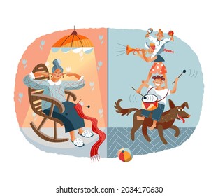 Loud Noisy Neighbours Distracting Old Woman. Problems In Neighbouring Apartments At Home Vector Illustration. Children Playing Music Instruments With Dog, Annoyed Female Covering Ears.