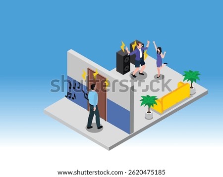 a loud party happening inside a room with people dancing near speakers, while a neighbor outside the closed door looks annoyed by the noise 3d isometric illustration
