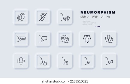 Loud and quiet modes set icon. Volume, ear, hear, crossed out, speak, password, megaphone, microphone, note. Technology concept. Neomorphism style. Vector line icon for Business and Advertising.