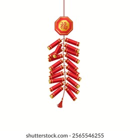 Loud red Chinese firecrackers for New Year realistic vector illustration. Oriental Baozhu holiday celebration fun 3d object on white. Inscription on the badge is “Luck”