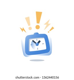 Loud ringing alarm clock in motion, deadline concept, last minute chance, time period ending, limited offer, fast service and urgency, quick delivery, task management, intensive course, vector icon