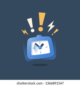 Loud ringing alarm clock in motion, deadline concept, last minute chance, time period ending, limited offer, fast service and urgency, quick delivery, task management, intensive course, vector icon