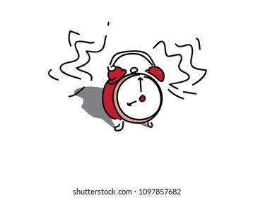 Loud ringing alarm red clock at eight o'clock on white background.