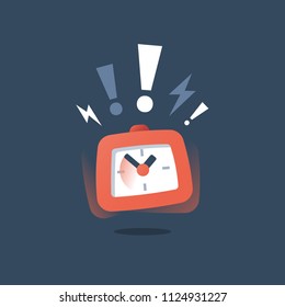 Loud ringing red alarm clock in motion, deadline concept, last minute chance, time period ending, limited offer, fast service, urgent delivery, task management, intensive course, vector icon