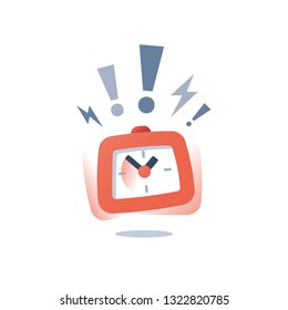 Loud ringing red alarm clock in motion, deadline concept, last minute, time management, vector icon, flat design illustration