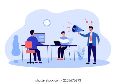 Loud shout from angry boss to working employees. Male employer holding megaphone flat vector illustration. Work problem, conflict, stress concept for banner, website design or landing web page