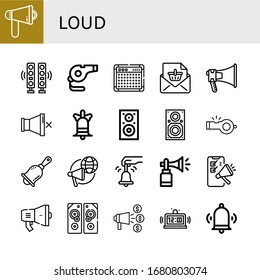 loud simple icons set. Contains such icons as Megaphone, Speakers, Whistle, Amplifier, Announcement, Mute, Bell, Speaker, Handbell, Horn, can be used for web, mobile and logo