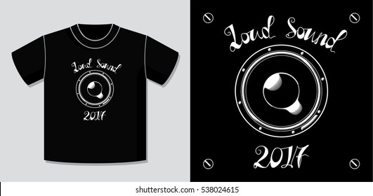 Loud Sound 2017 Music Loudspeaker and Authentic Lettering Logo Design with Potential Application Example on T-Shirt Vector Template - White Elements on Black Background - Flat Graphic Woodcut Style