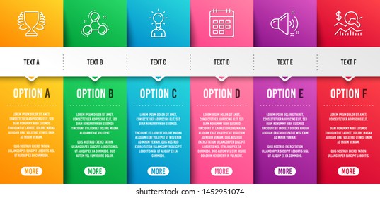 Loud sound, Calendar and Education line icons set. Infographic timeline. Chemistry molecule, Winner and Check investment signs. Music, Event reminder, Human idea. Laboratory atom. Vector