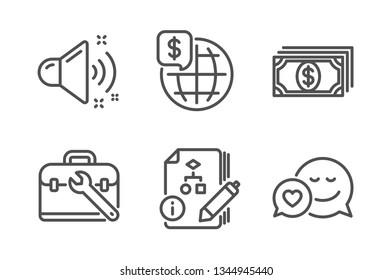 Loud sound, Payment and Algorithm icons simple set. World money, Tool case and Dating signs. Music, Finance. Business set. Line loud sound icon. Editable stroke. Vector