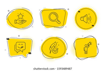 Loud Sound, Research And Brand Ambassador Signs. Chat Bubbles. Loyalty Program, Yummy Smile And Hypoallergenic Tested Line Icons Set. Bonus Star, Emoticon, Feather. Music. Technology Set. Vector