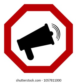Loud speaker black on white background, red sign, attention, vector