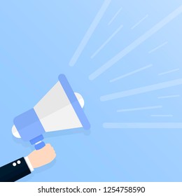 The loud speaker is depicted on a blue background, his hand holds.