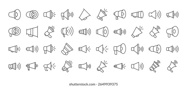 Pacote De Ícones De Linha De Alto-Falante. Outline Signs para Gráficos e Web Design, Apps, Anúncios, Vários Cartões 
