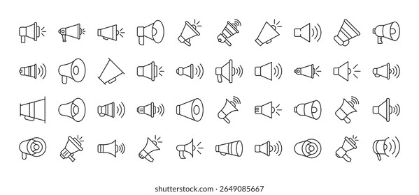 Coleção De Ícones De Linha De Alto-Falante. Outline Signs para Gráficos e Web Design, Apps, Anúncios, Vários Cartões 