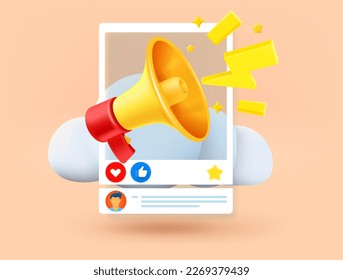 Loud speaker with social media announce. Breaking news concept. 3d vector illustration