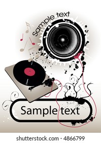 Loud speaker & turntable conected to text frame, good for party flyer, poster and so om - vector