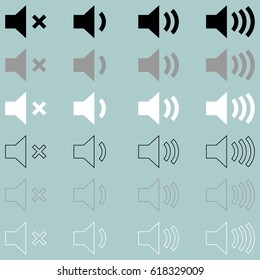 Loud or speaker white grey black icon set.