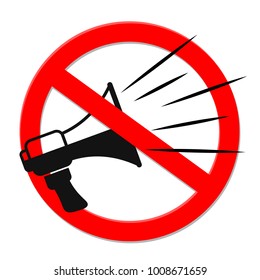 Loud speaking black megaphone inside the prohibition road sign. Flat, black and white design, vector illustration.