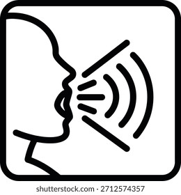 Vector De Icono De Comando De Voz De Habla Fuerte. Icono que muestra un perfil humano con ondas de sonido que salen de la boca, simbolizando hablar en voz alta, órdenes de voz y gritos.