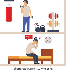 loud stomping upper floor Concept, Exercise in an upstairs flat  Vector Color Icon Design, neighbourhood conflicts Stock illustration, bad neighbors Symbol, 