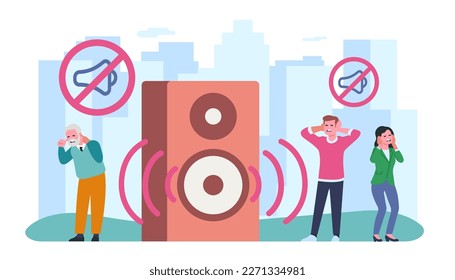 Loud urban sound and people suffering from noise. Noisy audio speakers. Forbidden megaphone symbol. Angry men and women close ears. Annoyed persons hearing honk signals