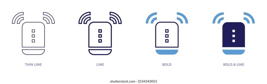 Icono de altavoz más fuerte en 4 estilos diferentes. Línea delgada, línea, negrita y línea negrita. Estilo duotono. Trazo editable.