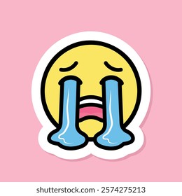 loudly crying face emoji sticker, cute sticker with tears streaming down on pink background, vector design element