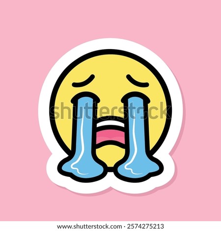 loudly crying face emoji sticker, cute sticker with tears streaming down on pink background, vector design element