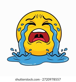 Vetor De Emoji Com Rosto Chorando Alto. Emoticon Sobbing com lágrimas pesadas e ilustração da poça