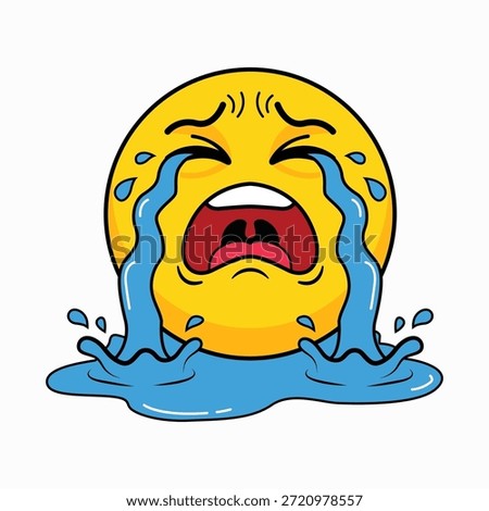 Loudly Crying Face Emoji Vector. Sobbing Emoticon with Heavy Tears and Puddle Illustration