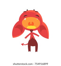 Loudly crying little devil stands isolated on white background. Red fictional demon with horns, big ears and tail. Cartoon flat character