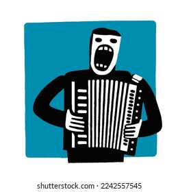 loudly singing accordion player with open mouth