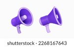 Loudspeaker 3d icon. Loud speaker, megaphone for announce, communicate and warning messages. Purple bullhorn isolated on transparent background, vector 3d illustration. 3D Illustration