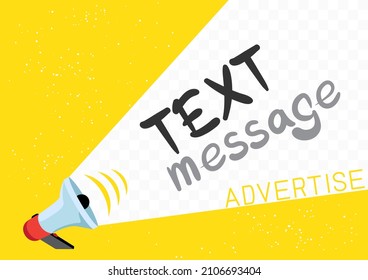 Loudspeaker advertising text message banner. Hand holding megaphone announce ad speech letters. Business offer promotion. Announcement communication