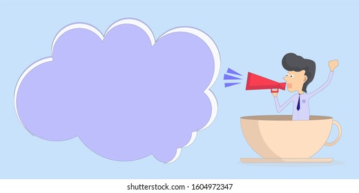 Loudspeaker announcement. Vector flat illustration. a worker in a mug.