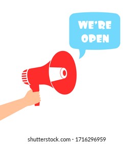 altavoz y anuncio que estamos abiertos. concepto de inicio de ventas, celebración de la apertura de una nueva tienda de comida, café, bar. símbolo del comienzo de la temporada de compras. signo plano simple sobre fondo blanco
