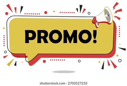 Alto-falante anunciando uma promoção especial dentro de uma vibrante bolha de fala amarela, uma ilustração vetor de design plano moderno para vendas e descontos
