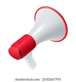 Mensagens de áudio de alto-falante de volta ilustração de vetor realista de visão de três quartos. Comunicação pública modelo 3d bullhorn em fundo branco