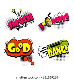 Loudspeaker bang, good, megaphone, bullhorn, smash set color sound effect pop art style. Comic book text balloon Vector bubble icon speech phrase cartoon font expression, sound illustration background