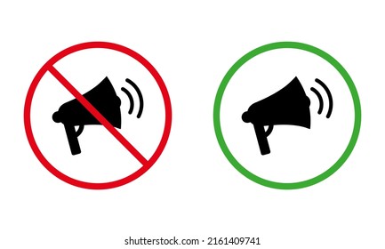 Loudspeaker Black Silhouette Icon Set. Ban Loud Speaker Zone Public Place Red Forbidden Round Sign. Bullhorn Sound Allowed Area Green Symbol. Warning No Loud Megaphone. Isolated Vector Illustration.