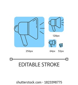 Loudspeaker blue linear icons set. Alert with megaphone. Bullhorn sign. Broadcast audio. Thin line customizable 256, 128, 64 and 32 px vector illustrations. Contour symbols. Editable stroke