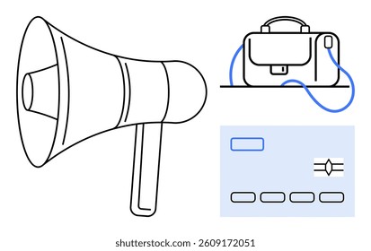 Loudspeaker, briefcase, and credit card outline symbols with blue accents. Ideal for marketing, business finance, advertising, communication, corporate strategy, presentations. Line metaphor