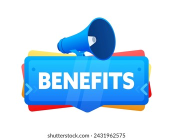 Loudspeaker broadcasting the word Benefits, suitable for workplace announcements. Vector illustration