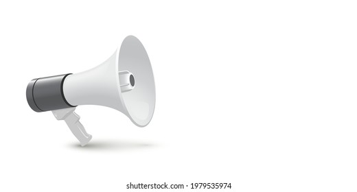 Loudspeaker, bullhorn on white background. Cartoon megaphone for shouting, speaking public message, announcement, news vector illustration. Communication audio equipment tool.