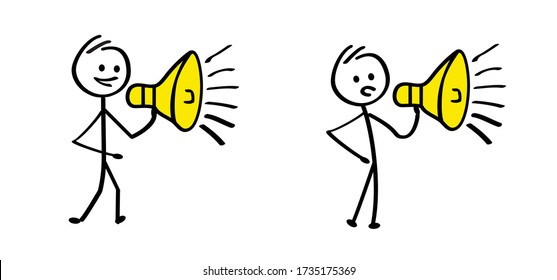 loudspeaker. Cartoon horn announcing, atention talk Stickman megaphone amplifier, microphone. Funny comic stick figures man. Vector communication. Drawing talking Spread fakenews or protest. 