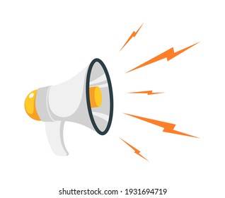 Loudspeaker. Cartoon Megaphone And Noise With Lightning. Isolated Device For Public Speaking. Broadcasting Promotion Announces And Warning Messages. White Voice Amplifier. Vector Sign Of Sound Volume